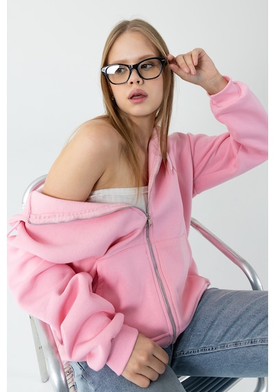 Giysa Kadın Kapüşonlu Fermuarlı Şardonlu 3ip Sweatshirt Pembe - 9015 - 264401 Pembe