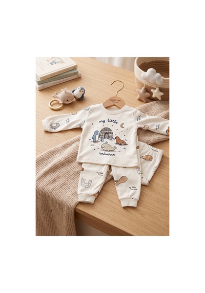 Deniva Kids Bebek Krem Kutuplar Temalı My Little Universe Baskılı %100 Pamuk 2'li Alt Üst Takım