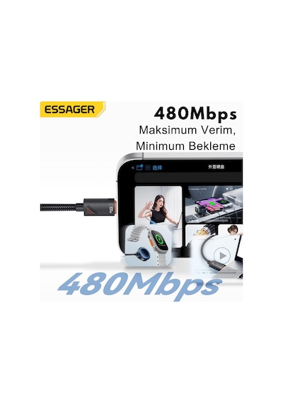 Essager Kopmaz Örgü Kablo 1.2 Mt Pd100w Type C Şarj Kablosu 2x Type C Şarj Kablosu Veri Aktarım Kablosu Desen - Ben10
