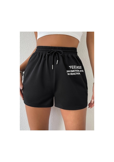Tarzsokak Drawstring Waist Slogan Graphic Track Şort Siyah