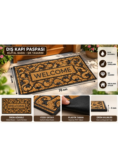 Dekoratif Dış Kapı Paspası Dijital Baskılı, Kaymaz Pvc Plastik Tabanlı, Şık Desenli Kapı Önü Paspası 40x70 Cm Taba - Krem