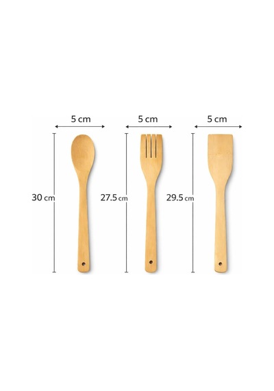 Bambu Mutfak Seti, Kaşık, Çatal, Spatula, Doğal Ahşap, Çizmez, Tava Dostu, 3 Parça,bambu Mutfak Gereçleri Set