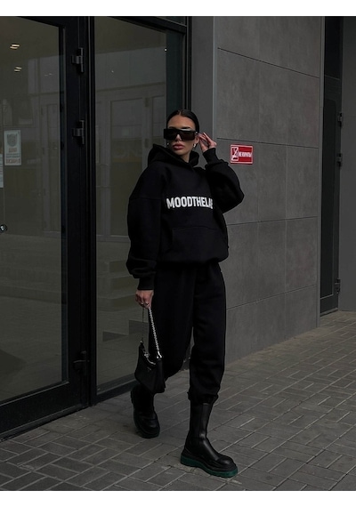 Mood The Label Kışlık Eşofman Takımı - Siyah Baskılı Kapüşonlu Oversize Şardonlu Siyah
