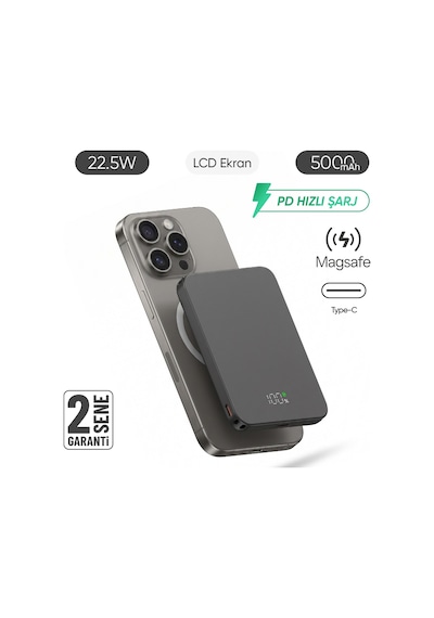 Snp-3020 Magsafe Powerbank 5000mah Slim 22.5w Hızlı Şarj Led Ekran Ince Powerbank Şarj Cihazı Siyah