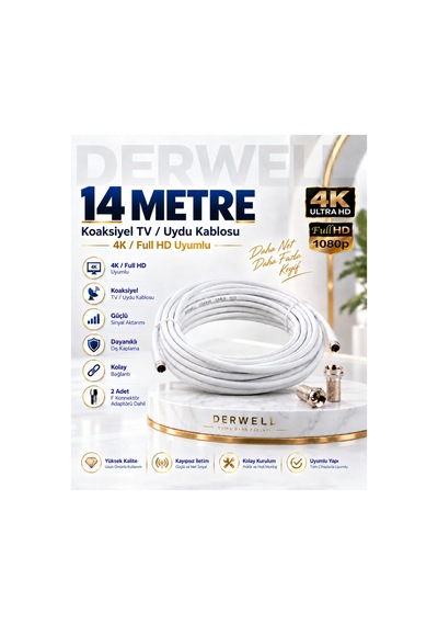 14 Metre 4k Full Hd Koaksiyel Tv Uydu Anten Kablosu Seti - Güçlü Sinyal Aktarımlı Dayanıklı Televizyon Kablosu - Lnb Alıcı Uyumlu Yüksek Kalite Beyaz