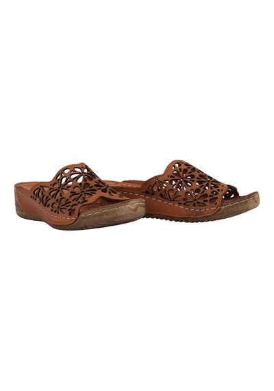 Napa Shoes Rahat Kalıp Lazer Detaylı Hakiki Deri Kadın Dolgu Topuk Terlik Napa-226l Taba