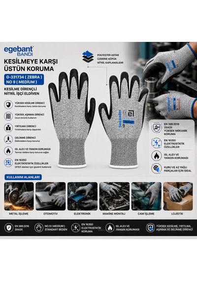 10 Adet Zebra No 9 Medium Kesilme Dirençli Nitril İşçi Eldiven Bandı 4741