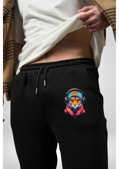 Angemiel Kulaklık Kedi Leopar Bandana Pamuklu 3 İplik Siyah Eşofman Altı Erkek Oversize Kesim Dijital Baskılı Siyah