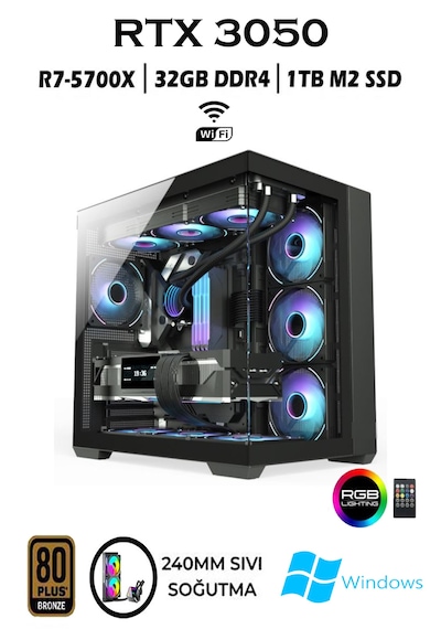 Apphirex Rebirth X35 R7-5700X 32 GB 1 TB M.2 RTX3050 6 GB 24'' W10P Masaüstü Oyuncu Bilgisayarı