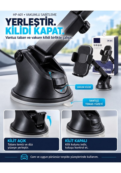 Dexxony Hp-a01 Vakum Kilitli Vantuzlu Araç İçi Telefon Tutucu 360 Döner Teleskopik Kollu Siyah Centilmen Siyah