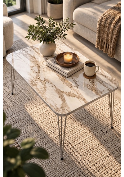Sulorahome Gümüş Tel Ayaklı Mermer Desenli Beyaz Orta Sehpa 90x50 Cm Beyaz Mermer