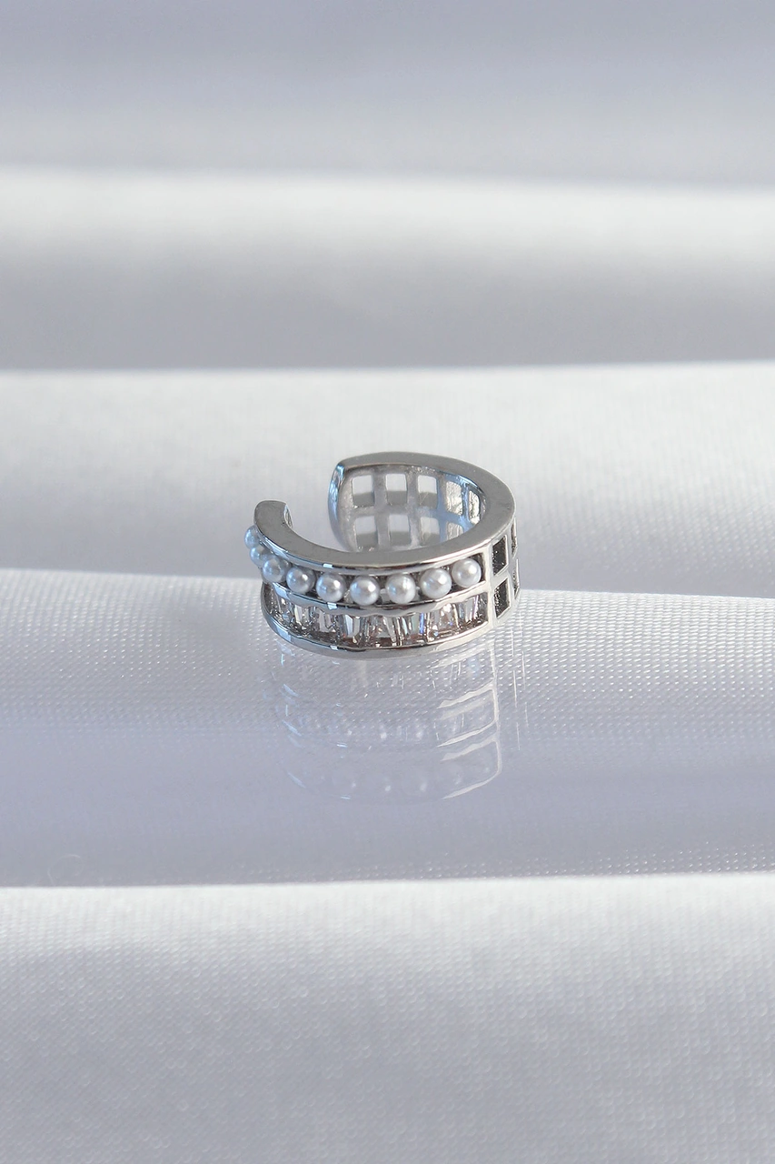 Pirinç Gümüş Renk İncili Baget Taşlı Earcuff Küpe Diğer