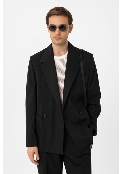 Antioch Relax Fit Kruvaze Kapama Erkek Teknik Blazer Ceket Siyah