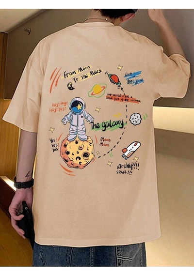 Flood Of Style Unisex Bej The Galaxy Gezegen Baskılı Oversize Bisiklet Yaka Tshirt