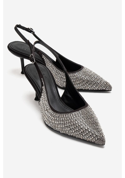 Luvishoes Yasmına Siyah Gümüş Taşlı Kadın Topuklu Ayakkabı Siyah - Gümüş