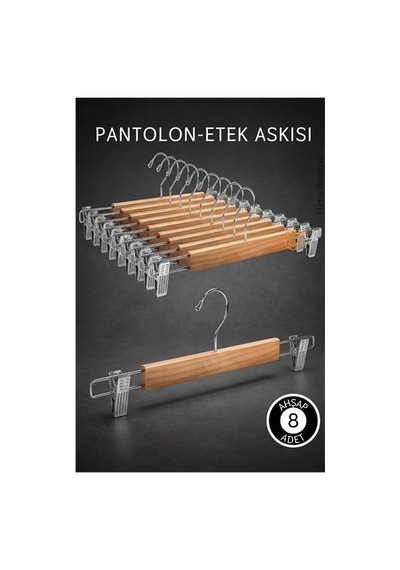 8 Adet Ahşap Pantolon Etek Askısı - Ayarlanabilir Gümüş Mandallı 36cm Organizer Set 719305 Siyah