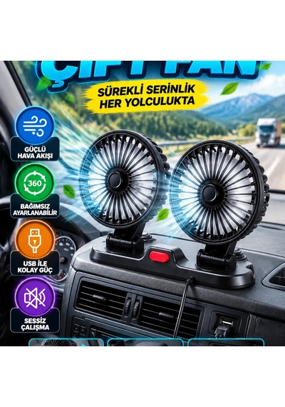 Araç İçi Çift Fanlı Usb Vantilatör Bağımsız Ayarlanabilir Başlıklı Soğutucu