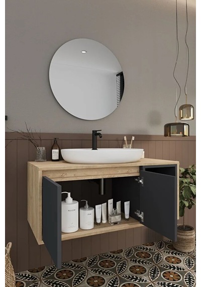 Gül 100 Cm %100 Mdf Lavabolu Banyo Dolabı Ayna Alt Dolap Lavabo Antrasit