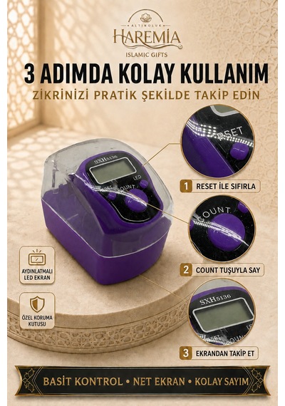 Özel Kutulu Ledli Zikirmatik Dijital Sayaç Mevlid Kandil Hediyesi Mor Siyah