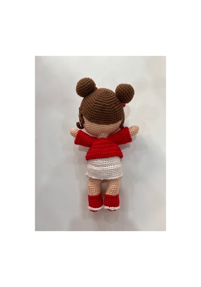 Afra Amigurumi El Örgüsü Bebek 20 Cm Tığ İşi Şirin Kıyafetli Hediyelik Oyuncak Bebek Kırmızı-beyaz