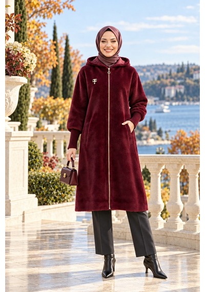 Hb Harma Time Butik Kadın Fermuarlı Kapüşonlu Angora Bordo Kürk Kaban