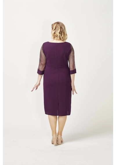 Moda Berray 1349 Mürdüm Kolları Taş Işlemeli Şık Büyük Beden Kısa Abiye Mürdüm