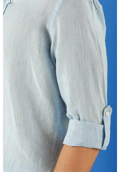 Efor Comfort Fit Düğmeli Yaka %100 Keten Apoletli Casual Mavi Gömlek G 1564 Mavi