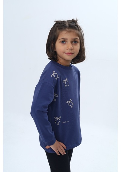 Toontoy Kız Çocuk Fiyonk Kabaran Baskılı Sweatshirt İndigo