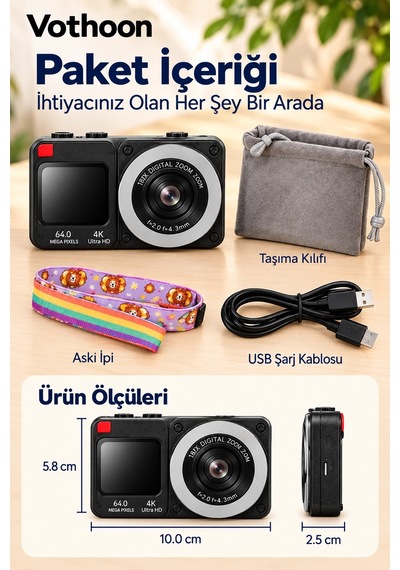 4k Dijital Fotoğraf Makinesi 18x Dijital Zoom 64 Mp Ön Ve Arka Ekranlı Kompakt Kamera Siyah