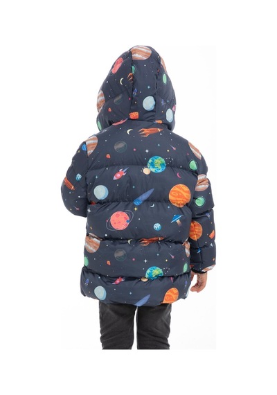 Erkek Çocuk Polarlı Kapüşonlu Gezegen Yıldız Desenli Kışlık Şişme Mont & Kaban & Parka-29 Lacivert