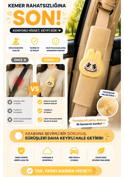 Bunny Sarı Emniyet Kemeri Aksesuarı - Emniyet Kemeri Kılıfı - Araç Emniyet Kemeri Omuz Koruyucu 1 Adet