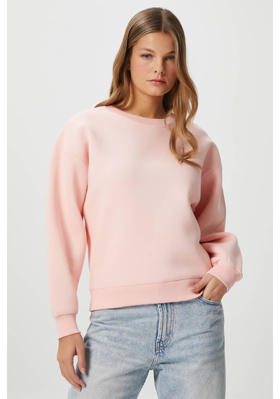 Kadın Cozy İçi Polarlı Soft Pembe Basic Bisiklet Yaka Pamuklu Kalın Örme Sweatshirt