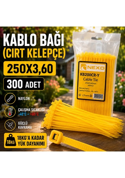 200x3,60mm Kablo Bağı Cırt Kelepçe Sarı 300 Adet 250x3,60mm