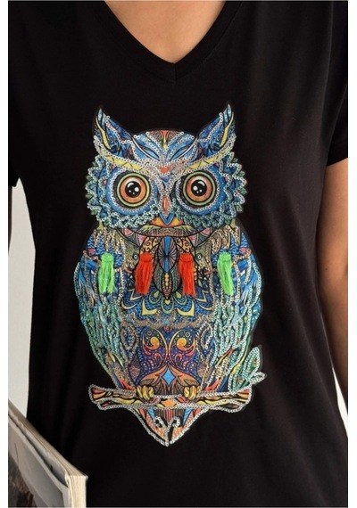 Cassime Kadın Siyah Baykuş Desenli Pul Payet İşlemeli Büyük Beden %100 Pamuk Tişört Xl-2xl-3xl Cassime Kadın Siyah Baykuş Desenli Pul Payet İşlemeli Büyük Beden %100 Pamuk Tişört Xl-2xl-3xl