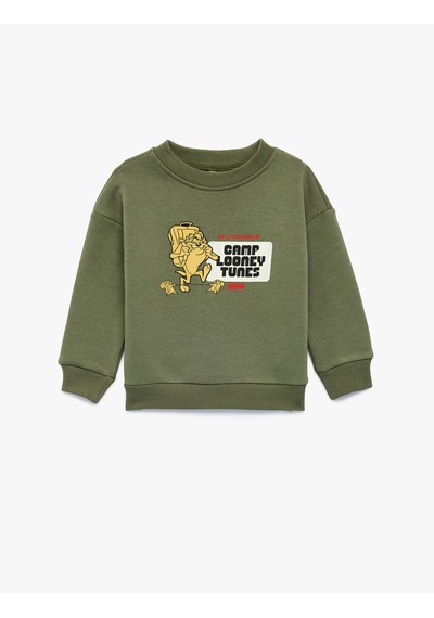 Koton Looney Tunes Baskılı Pamuklu Şardonlu Bisiklet Yaka Uzun Kollu Lisanslı Sweatshirt Haki 7wmb10128tk