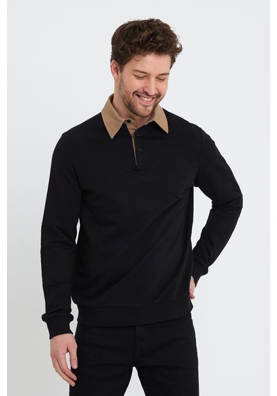 Polostate Erkek 2 İplik Pamuklu Regular Fit Polo Sweat Siyah Gömlek Siyah