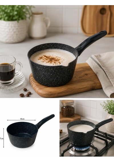 14 Cm Granit Görünümlü Sütlük Cezve Pyrex Cam Kapaklı Sosluk & Isıtma Tenceresi Siyah