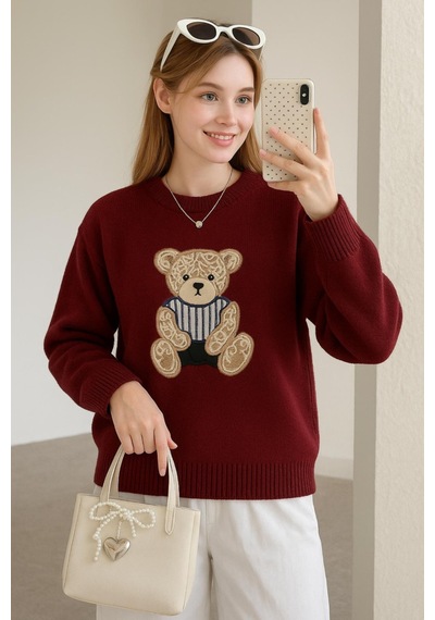 Fashion Friends Bisiklet Yaka Nakışlı Bordo Kadın Kazak 25k0314k1