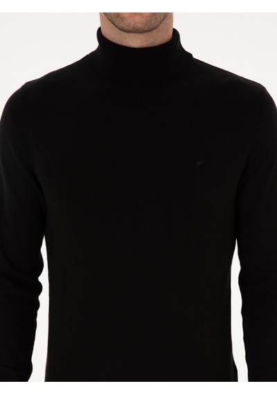 Cacharel Siyah Slim Fit Balıkçı Yaka Pamuk Karışımlı Basic Triko Kazak