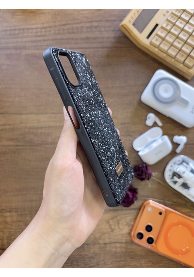 Samsung A06 Uyumlu Kadife İç Yüzey Tasarımlı Taşlı Işıltılı Parlak Pırlanta Kılıf Dia Plus Siyah