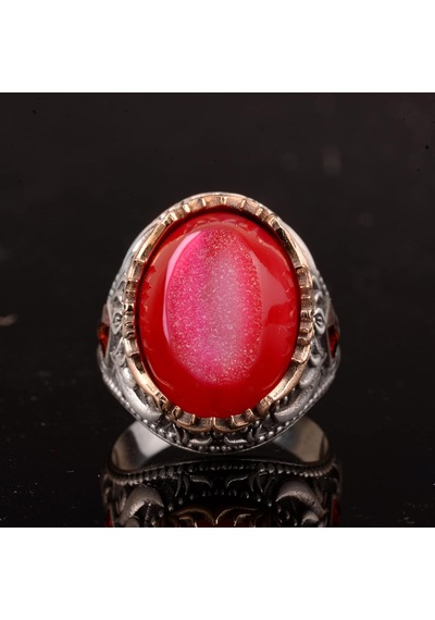 Vintage Erkek 925 Ayar Gümüş Yüzük Druzy Kuvars, Kırmızı Gümüş