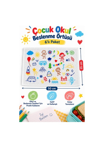 6'lı Okul Beslenme Örtüsü 35x50 Cm Pamuklu Yıkanabilir Happykids Beyaz