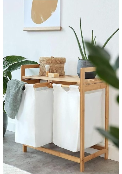 Digithome Bambu 2 Bölmeli Kirli Sepetli Çamaşır Sepeti Raflı Banyo Düzenleyici Db-0007 Ahşap