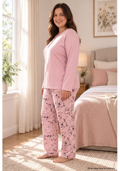 Seboteks Mevsimlik Kumaş Düğmeli Yaka Uzun Kollu Büyük Beden Kadın Pijama Takımı 1524 Pudra