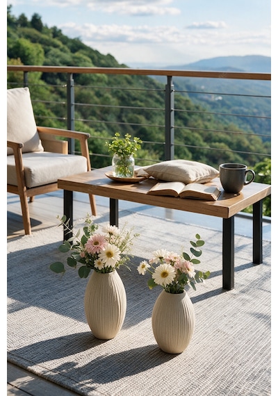 Modern Dokulu 2'li Vazo Set - 20 Cm Pla - Hindistan Cevizi Dokulu Hediyelik Vazo - Bej