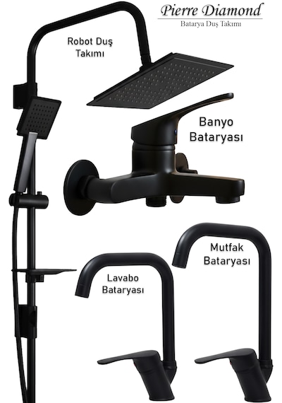 66231 Lavabo Banyo Mutfak Bataryası Ve Robot Duş Takımı Köşe Borulu Siyah Krom Beyaz Siyah