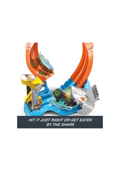 Hot Wheels Oyuncak Monster Trucks Köpekbalığı Oyun Seti, 1:64 Ölçekli Mega-wrex Araç, Çemberin İçinden Geçerek Düşmanı Yenme, Jfr08