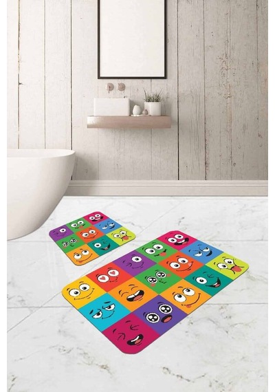 Renkli Smiley Banyo Halısı Klozet Takımı Paspas Seti Bs299n11 Çok Renkli