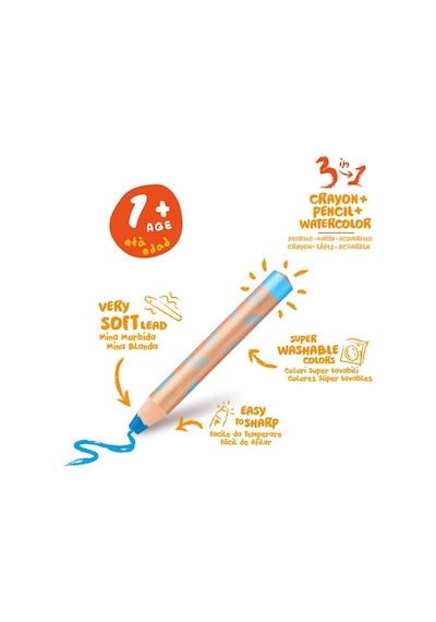 Carioca 3in1 Jumbo Bebek Ahşap Gövdeli Boya Kalemi 6'lı ve Kalemtraş