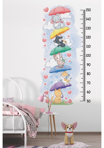 Sevimli Kedilerle Süslü Boy Cetveli Sticker, Çocuk Bebek Odası Boy Ölçer Sticker Dijital Baskı